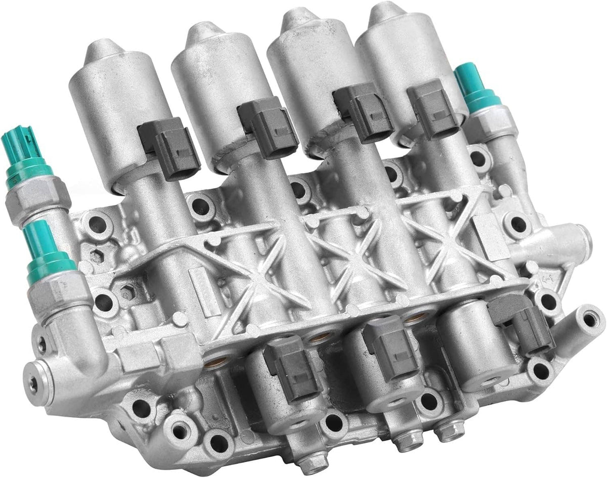 Vehicle valve body assembly, top view with silver solenoids and green connectors