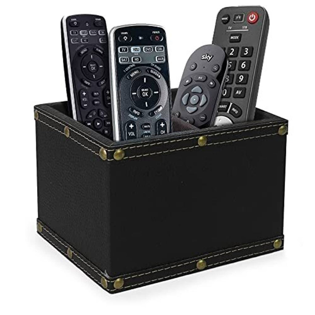Black leather remote control holder with open top and brass stud corners, holds multiple remotes