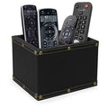 Black leather remote control holder with open top and brass stud corners, holds multiple remotes