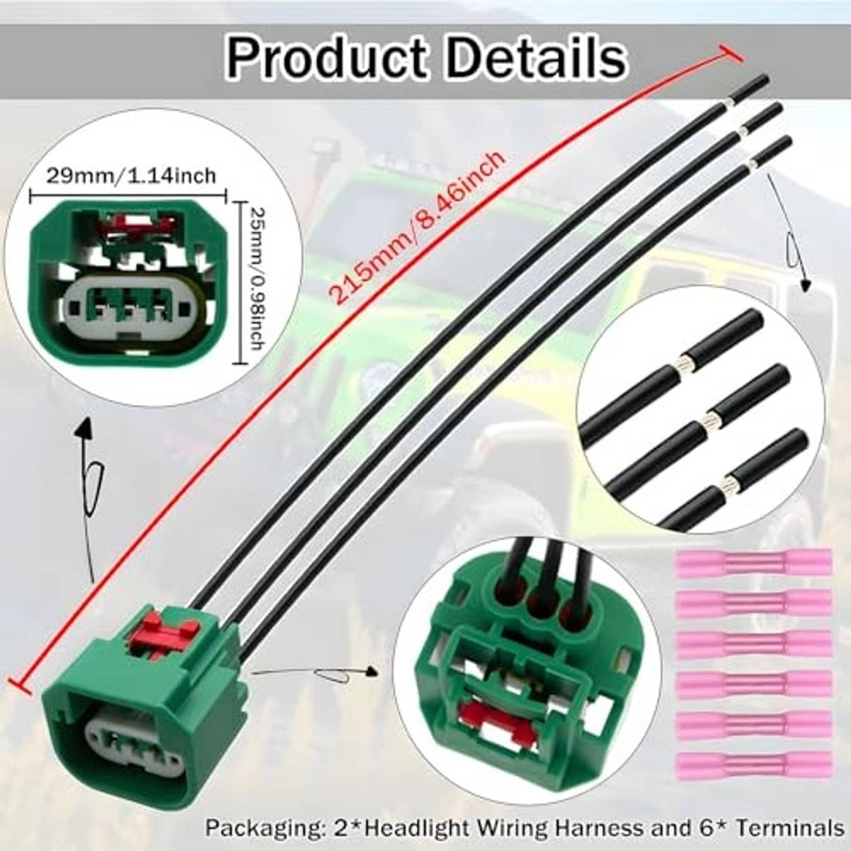 Headlight wiring harness with two green connectors, red latches, black leads, pink terminals