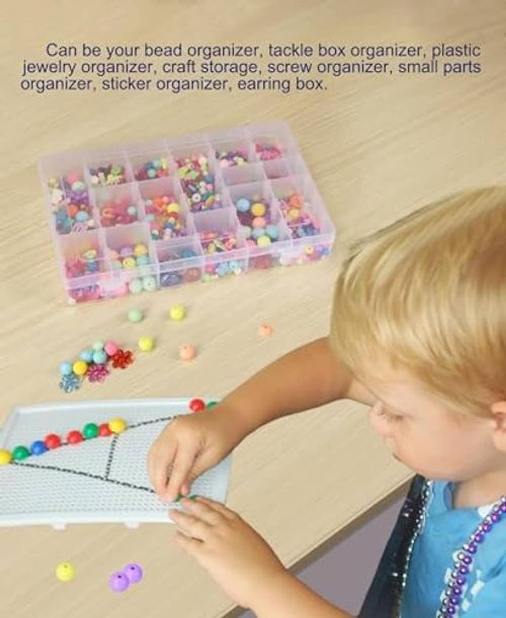 Clear 36-grid bead organizer box with grid tray for sorting colorful beads