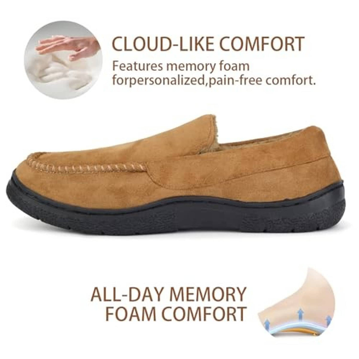 Brown slip-on moccasin slipper with stitched detailing and cushioned black sole