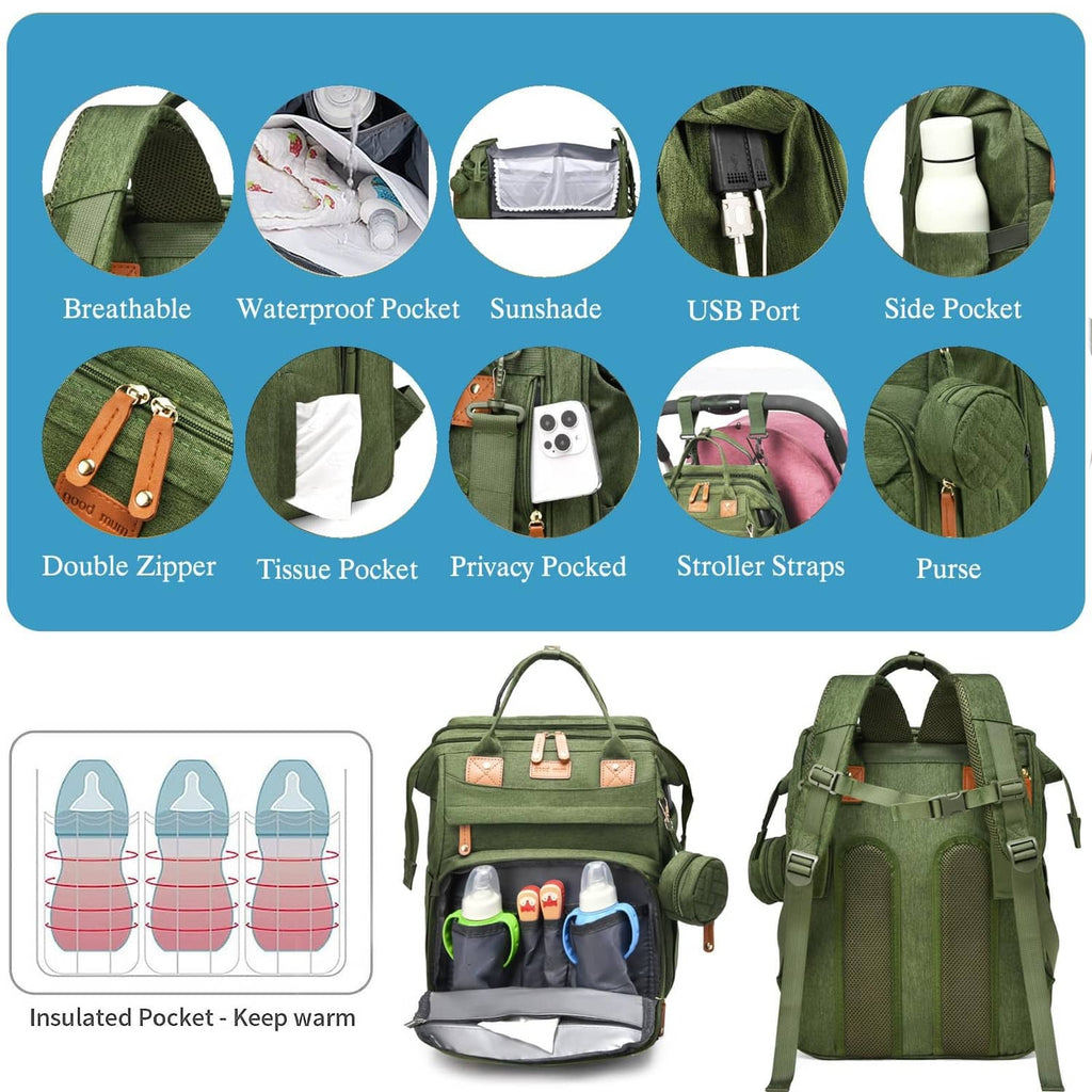 Army green diaper bag with quilted pattern, double handles, and zipper front pockets