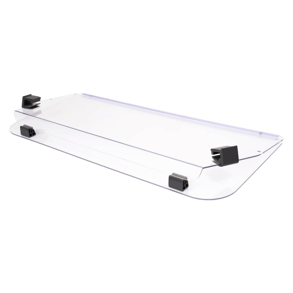 Clear vented golf cart windshield panel with black bracket mounts and purple edge trim