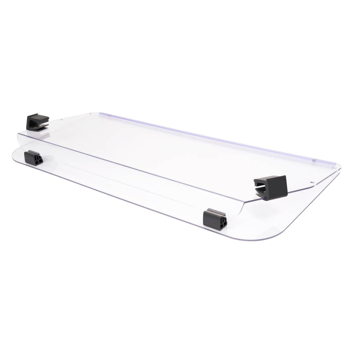 Clear vented golf cart windshield panel with black bracket mounts and purple edge trim