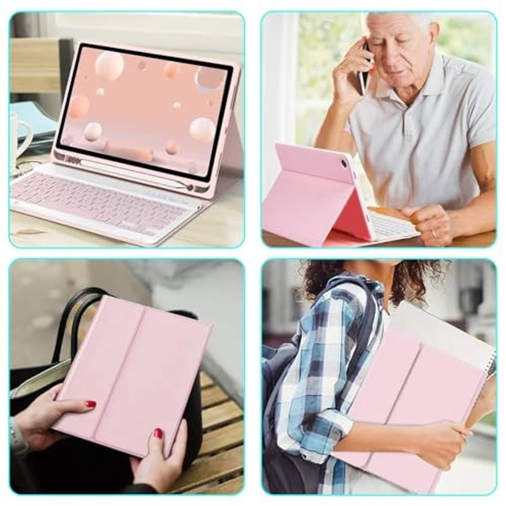 Pink tablet keyboard case with detachable keyboard used on-the-go, plus matching mouse