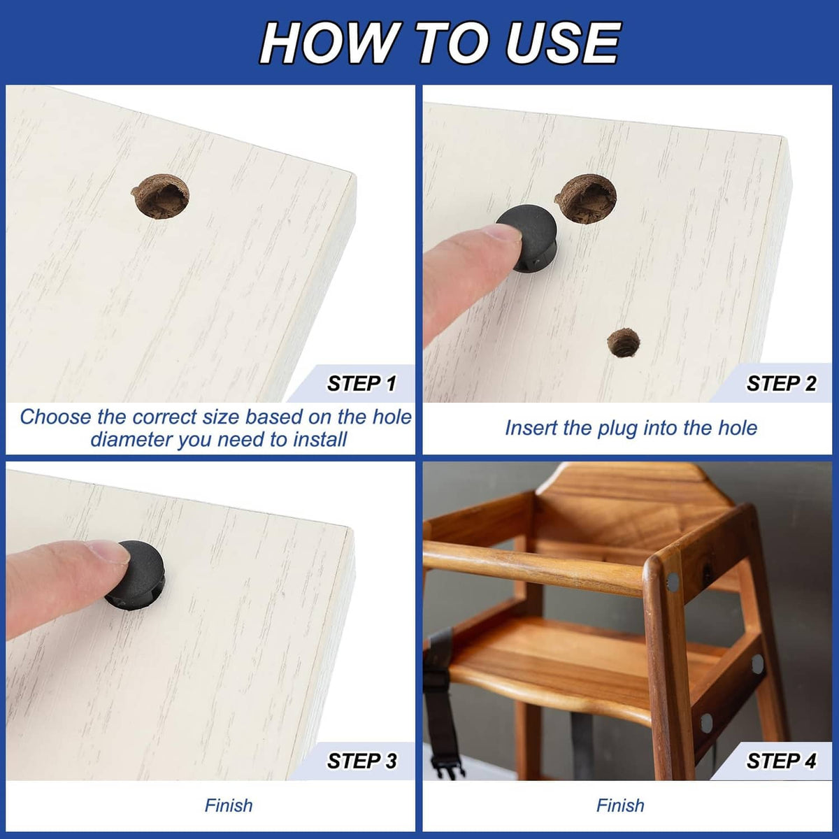 Black plastic flush hole plug being inserted into a small screw hole on wood
