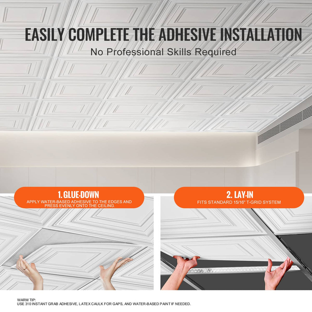 White PVC ceiling tile installation showing adhesive application and fitting into place