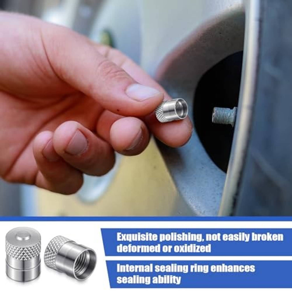 Metal tire valve stem cap being pressed onto a wheel valve