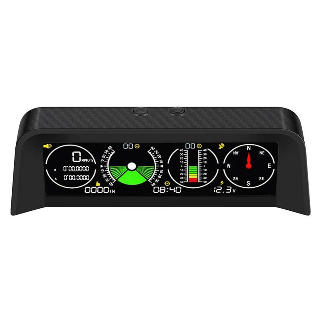 Black dashboard HUD inclinometer showing speed, compass directions, and voltage level gauges