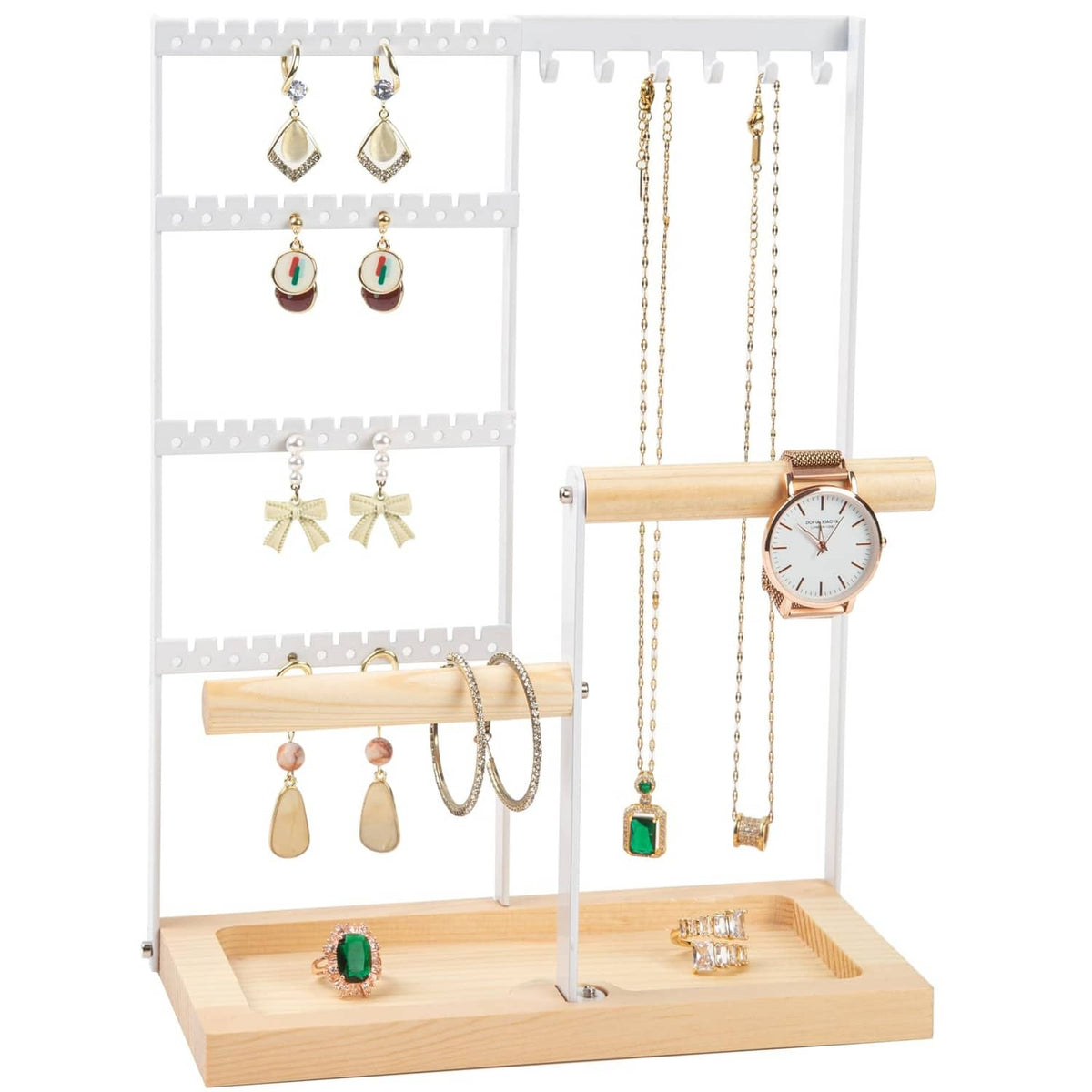 4-tier jewelry organizer stand with white display and bamboo arms for hanging earrings