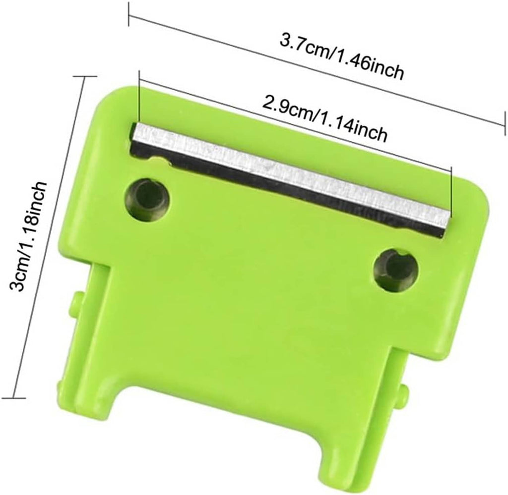 Neon green replacement apple peeler blade with metal strip and two mounting holes
