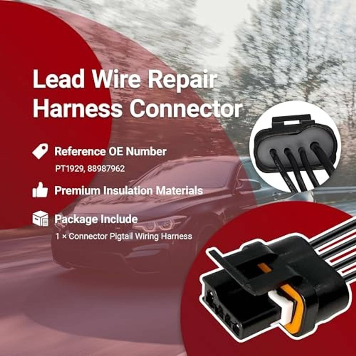 Wiring harness connector pigtail with black housing, orange trim, and multi-pin socket