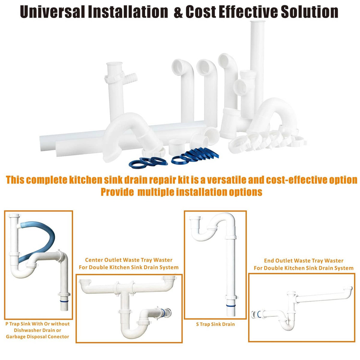 White PVC sink drain kit with trap, elbows, and multiple connector pieces
