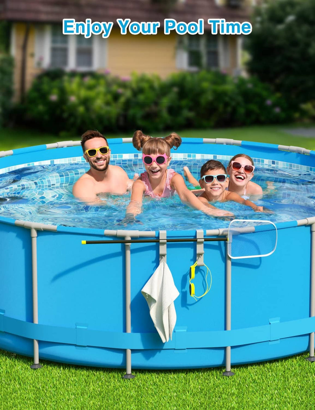 Three-hook pool pole hanger holding a towel on an above-ground pool