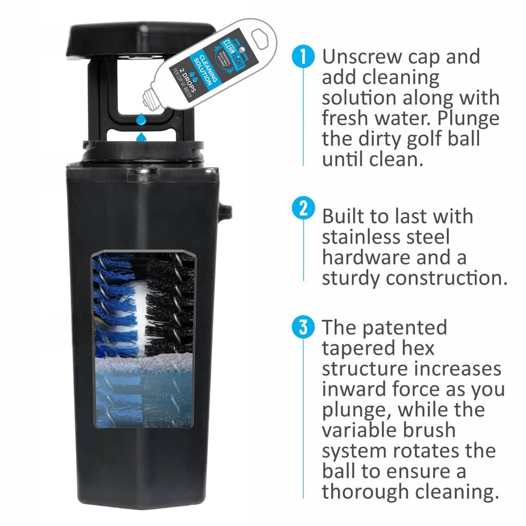 Black Clean Flight golf ball washer with visible brush well and blue labels