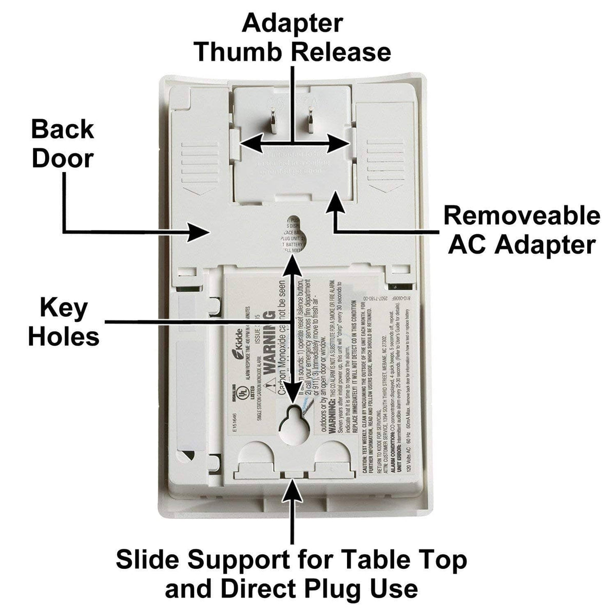 Kidde carbon monoxide alarm underside showing removable AC adapter and back door
