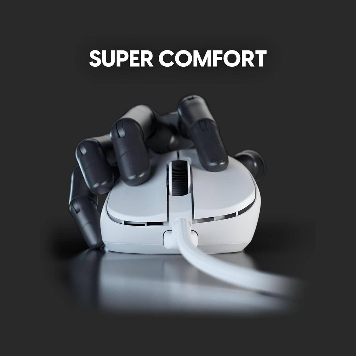 White wired gaming mouse with black scroll wheel and cable