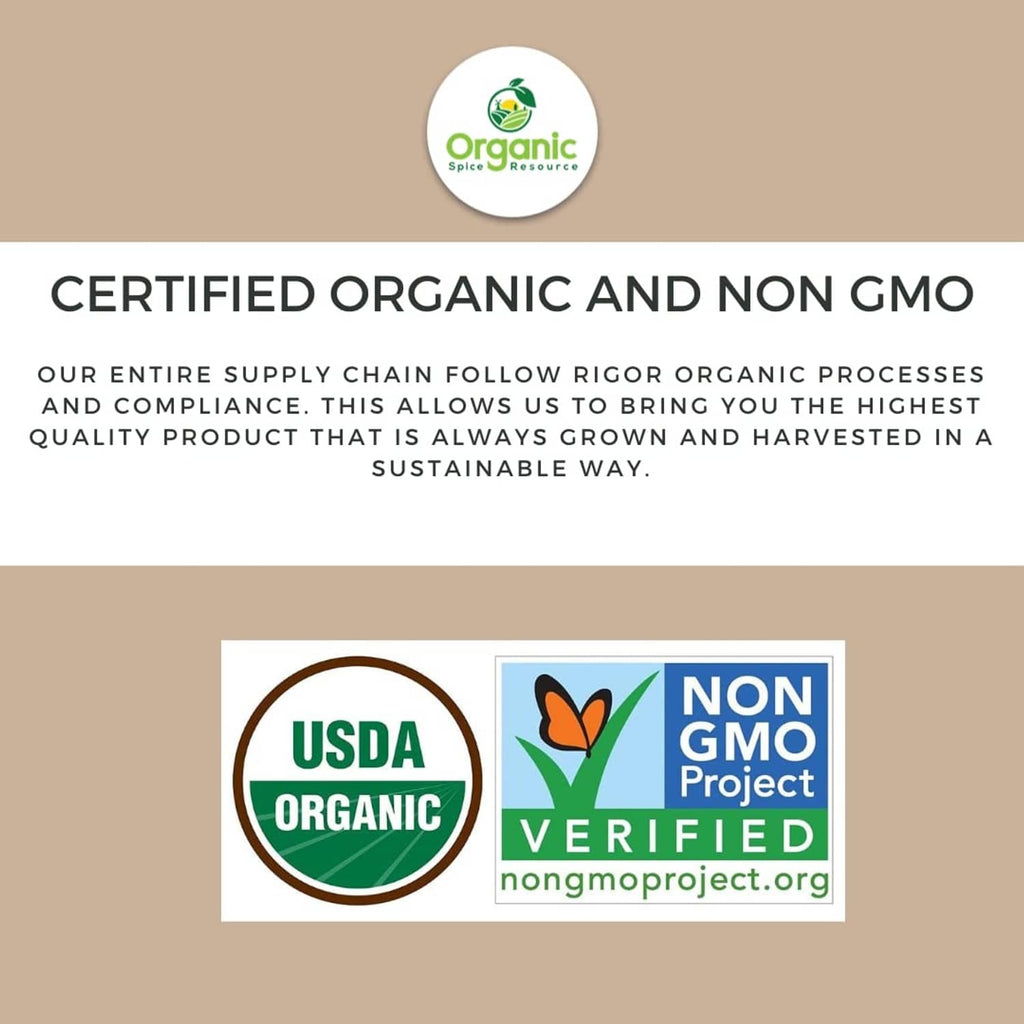 Infographic badges: USDA Organic and Non-GMO Project for turmeric powder