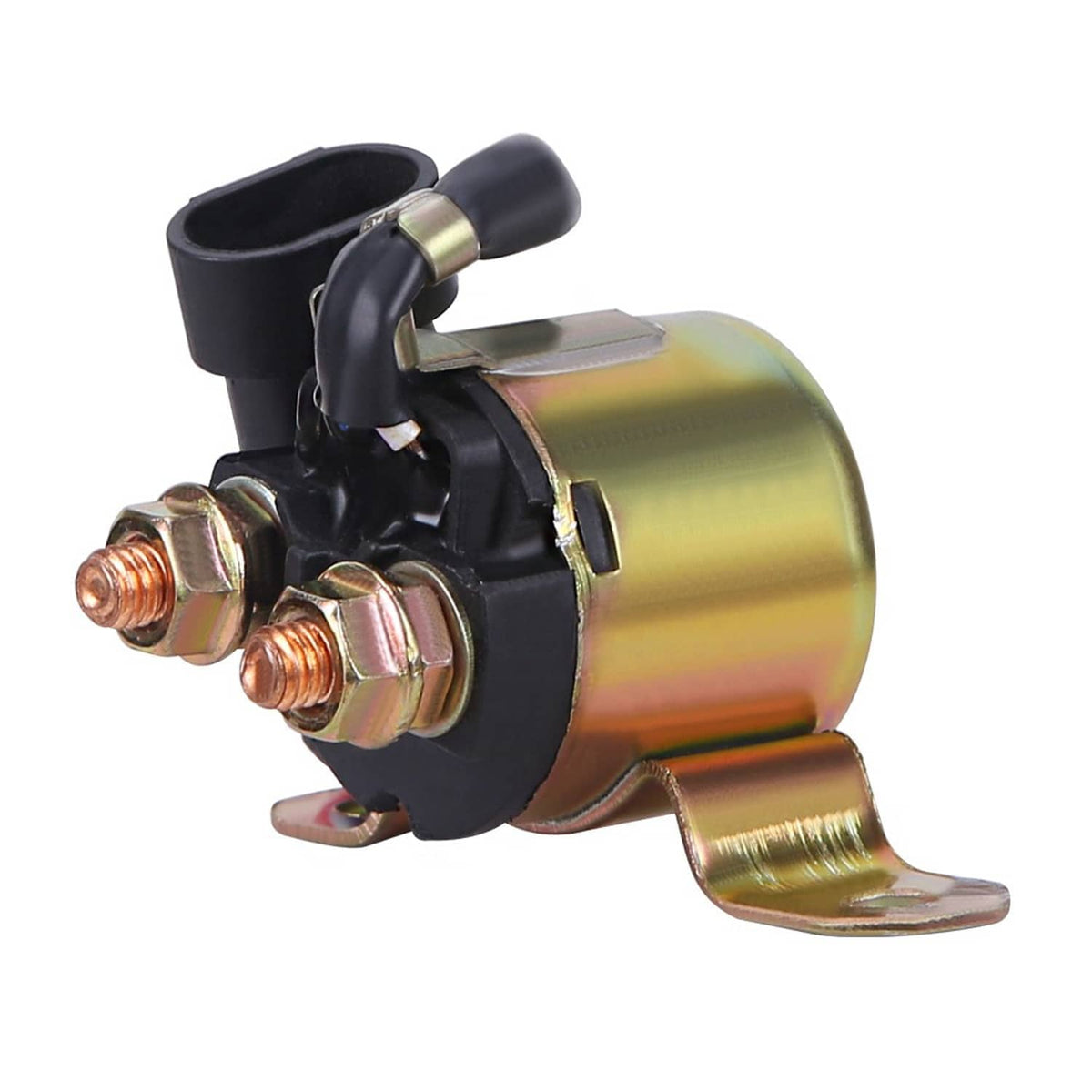 Starter solenoid relay with two battery terminals and mounting bracket, black and gold