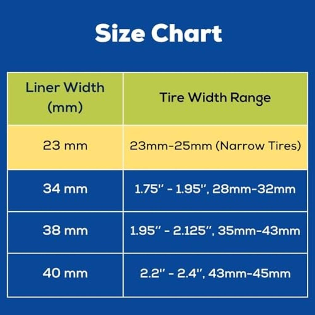 Bike tire liner size chart for liner width and tire width range