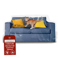 Clear vinyl loveseat furniture protector, scratch-proof and waterproof cover over blue sofa