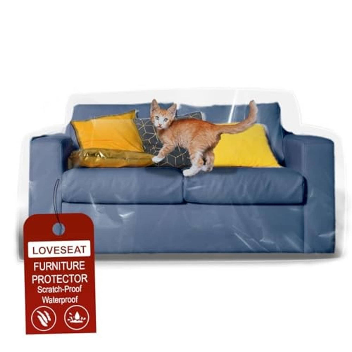 Clear vinyl loveseat furniture protector, scratch-proof and waterproof cover over blue sofa