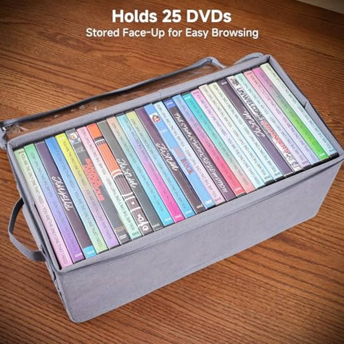 Gray DVD storage box open with face-up DVDs, fold-up carry handle
