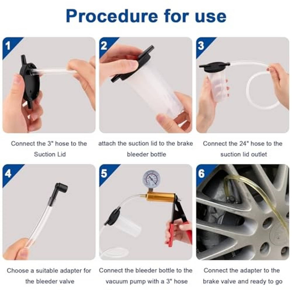 Brake bleeder kit procedure shows connecting suction lid, hoses, and adapter to valve