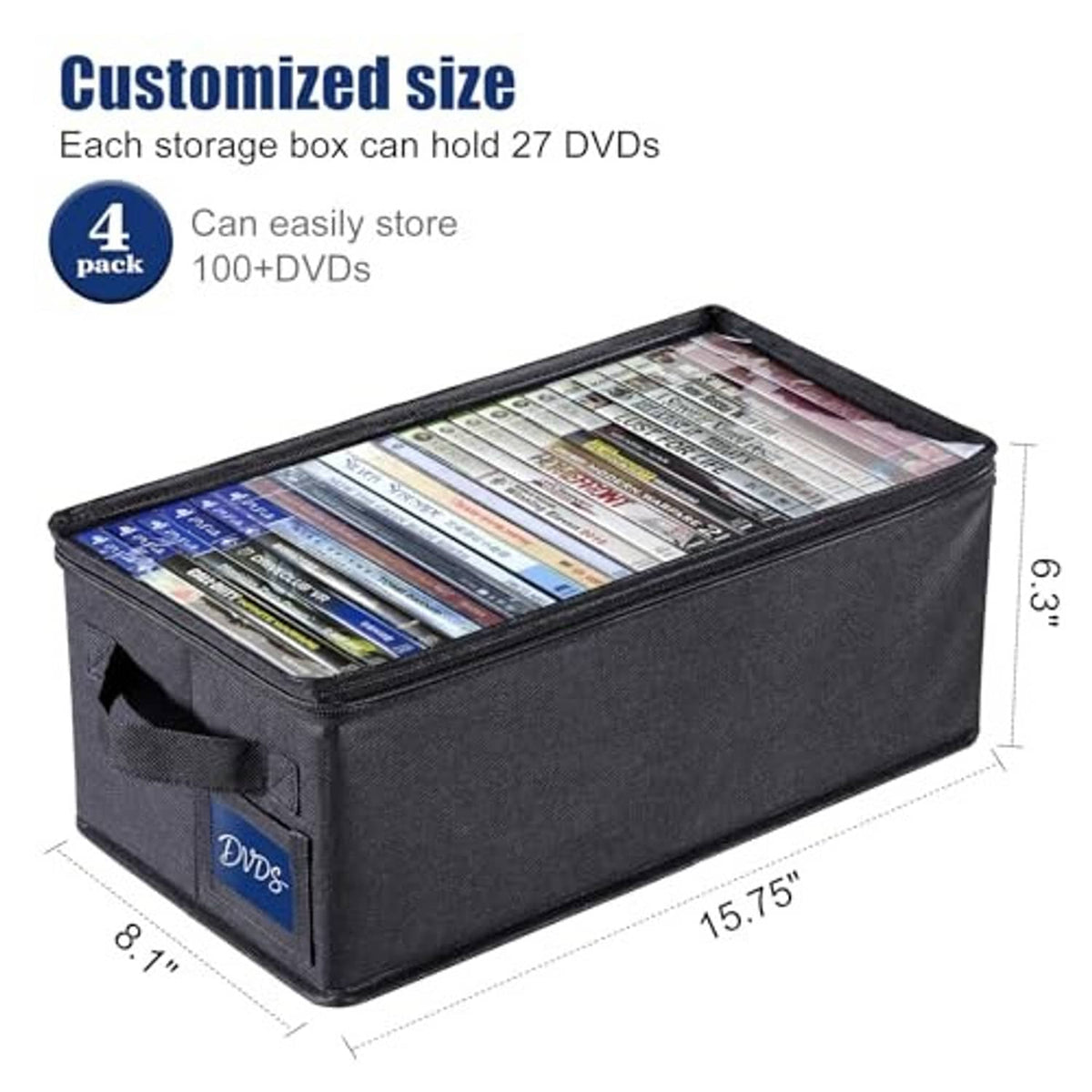 Black fabric DVD storage box with clear top window and front label pocket