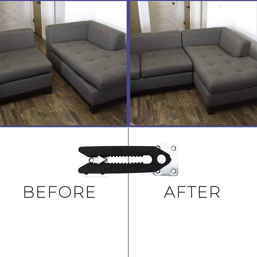 Sofa slide connector clamp before-and-after view with serrated grip installed on base