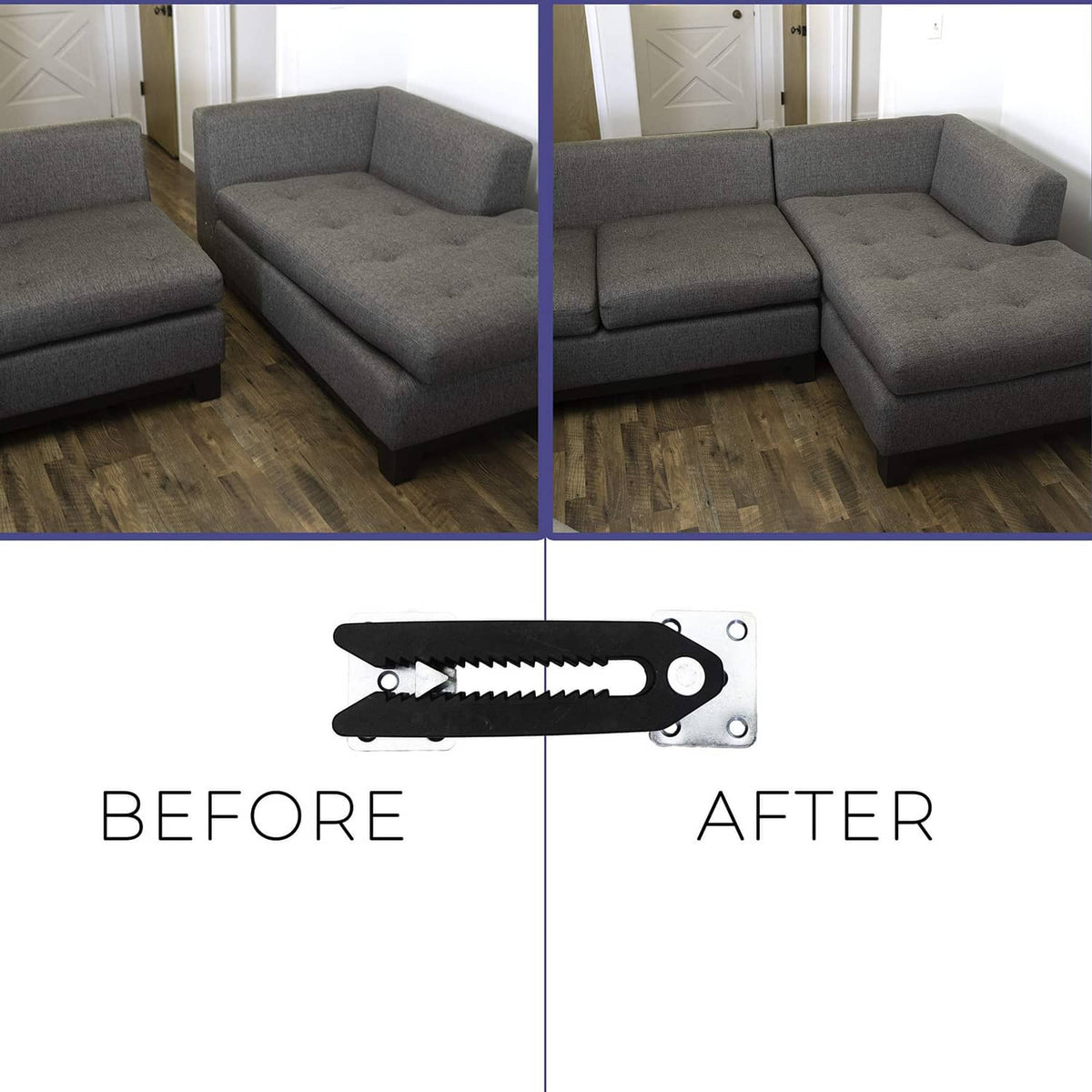 Sofa slide connector clamp before-and-after view with serrated grip installed on base