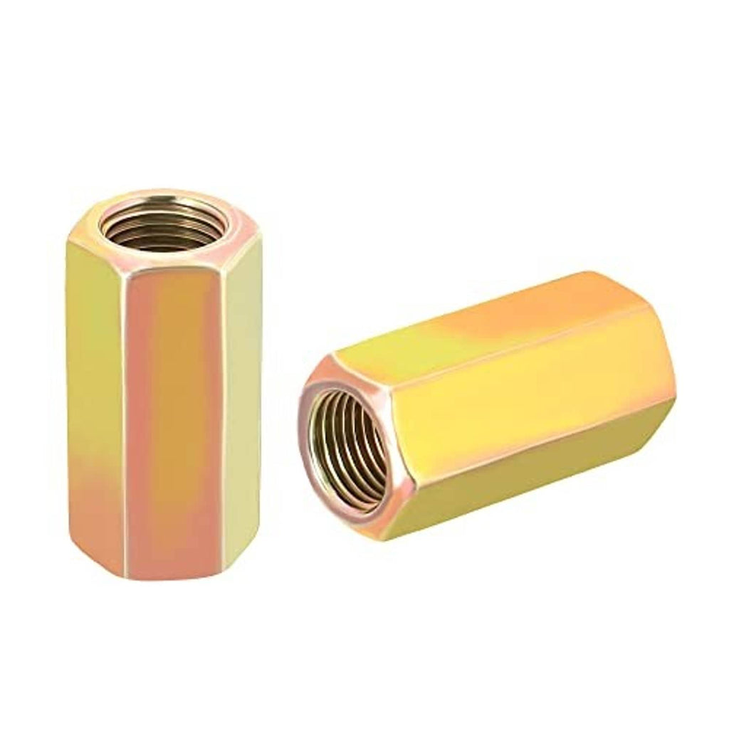 Hex coupling nuts set: one sleeve nut plus matching hex nut, iridescent yellow-gold, M10 x 1