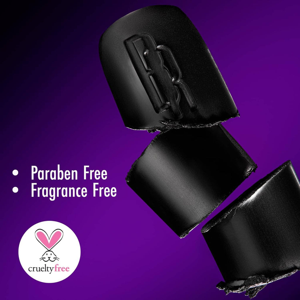 Lipstick tube with black cap and icons for cruelty-free, fragrance-free, paraben-free