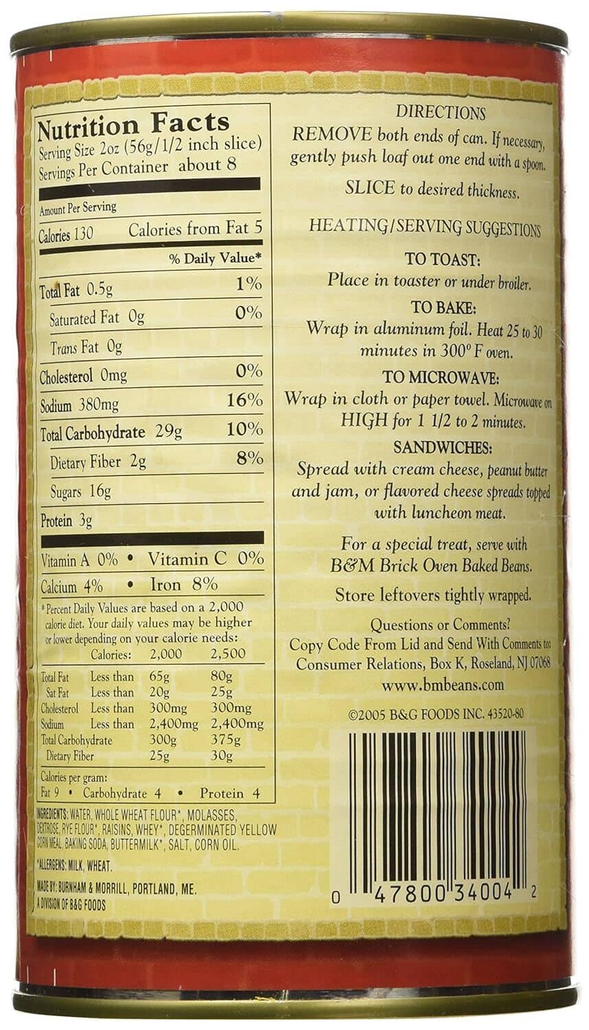 B&M Brown Bread with Raisin can back label with Nutrition Facts and barcode