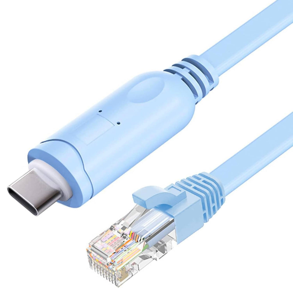 USB-C to RJ45 console cable with blue connectors, showing Type-C and RJ45 ends