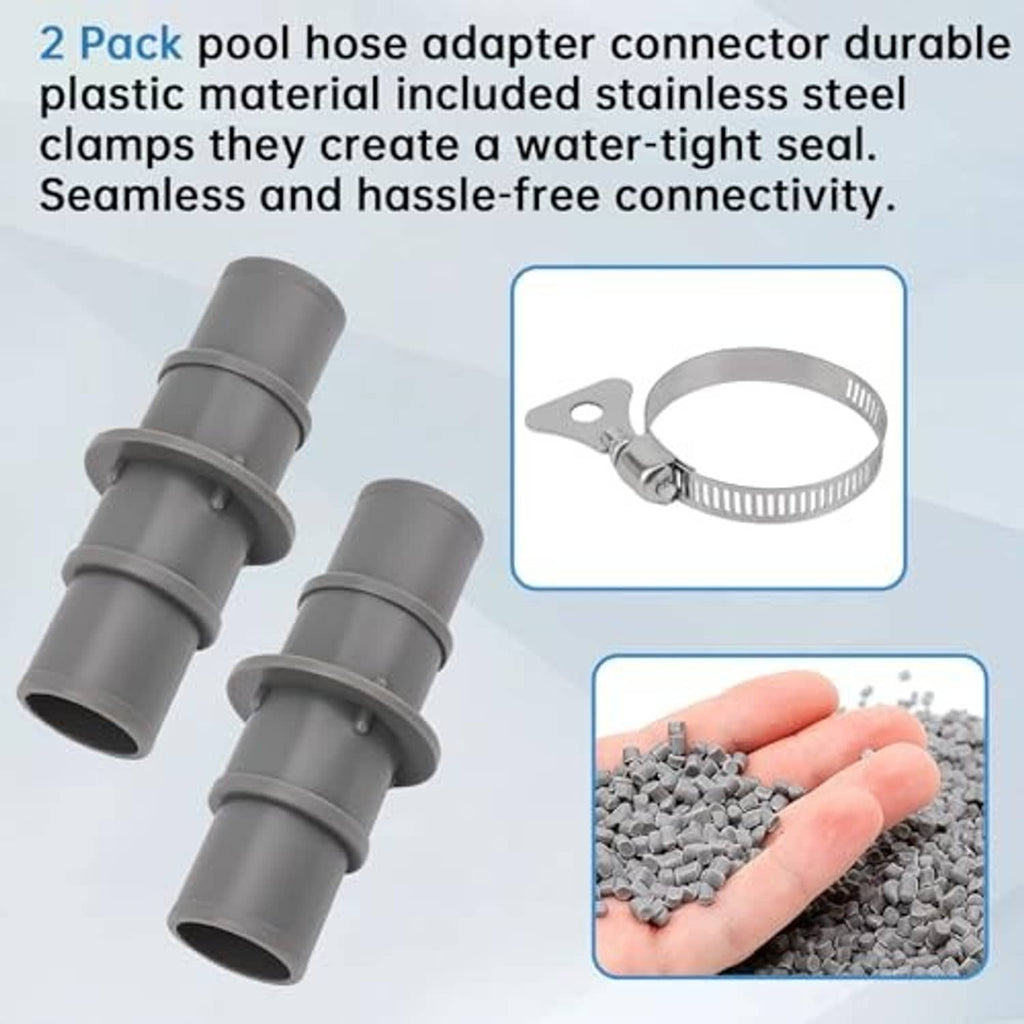 Gray pool hose adapter connector with stainless steel clamps for a water-tight seal