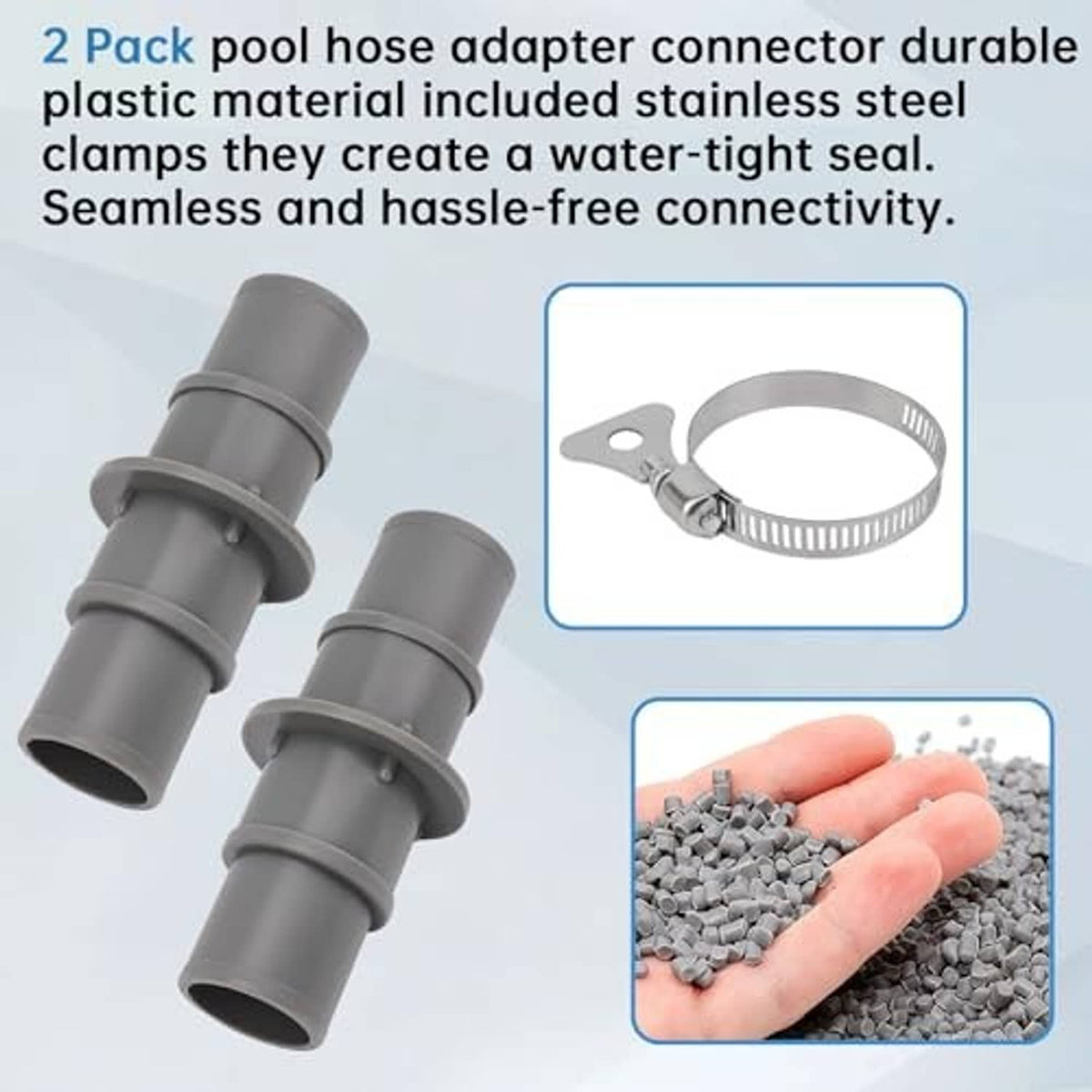 Gray pool hose adapter connector with stainless steel clamps for a water-tight seal