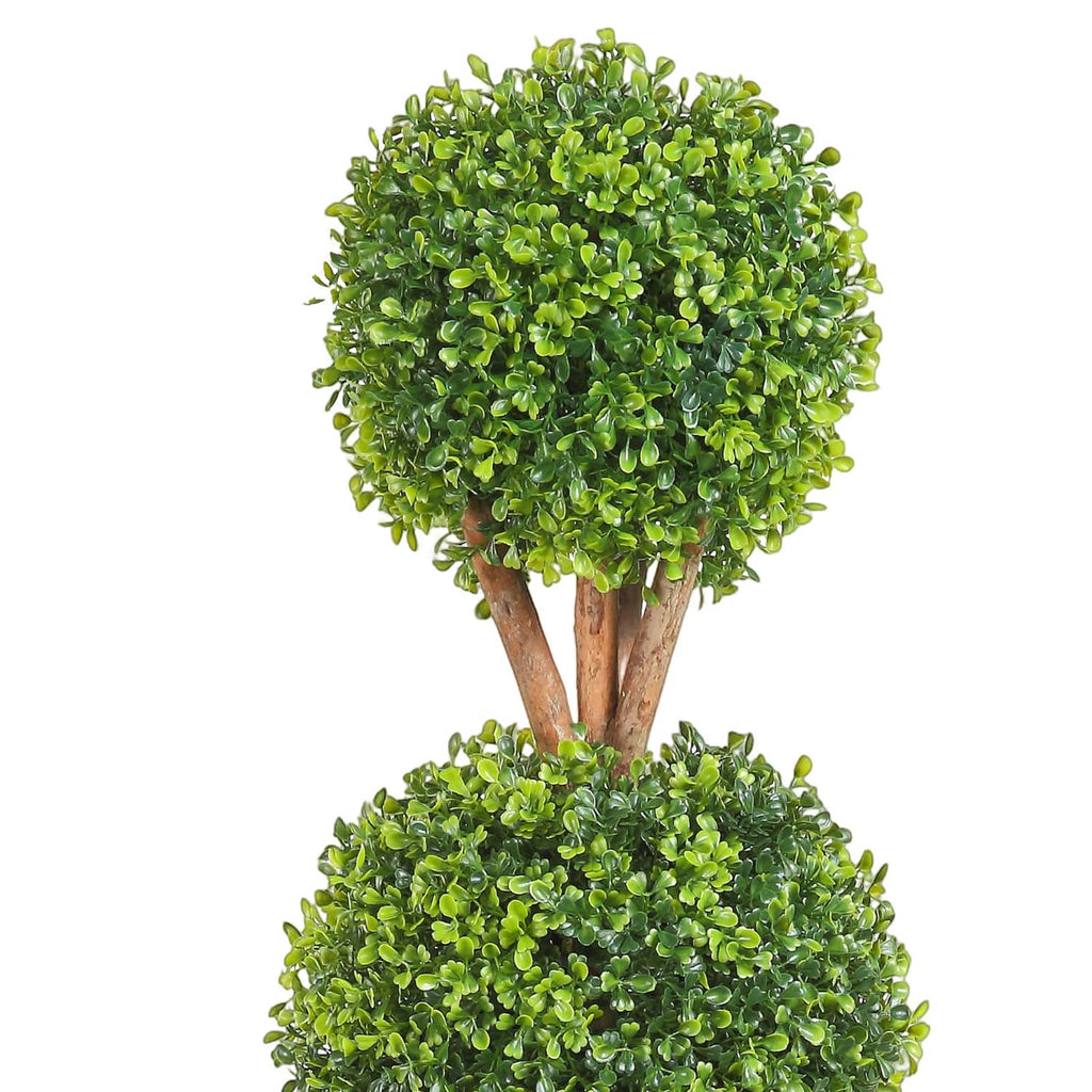 Artificial topiary tree with two-tier round green foliage and brown trunks