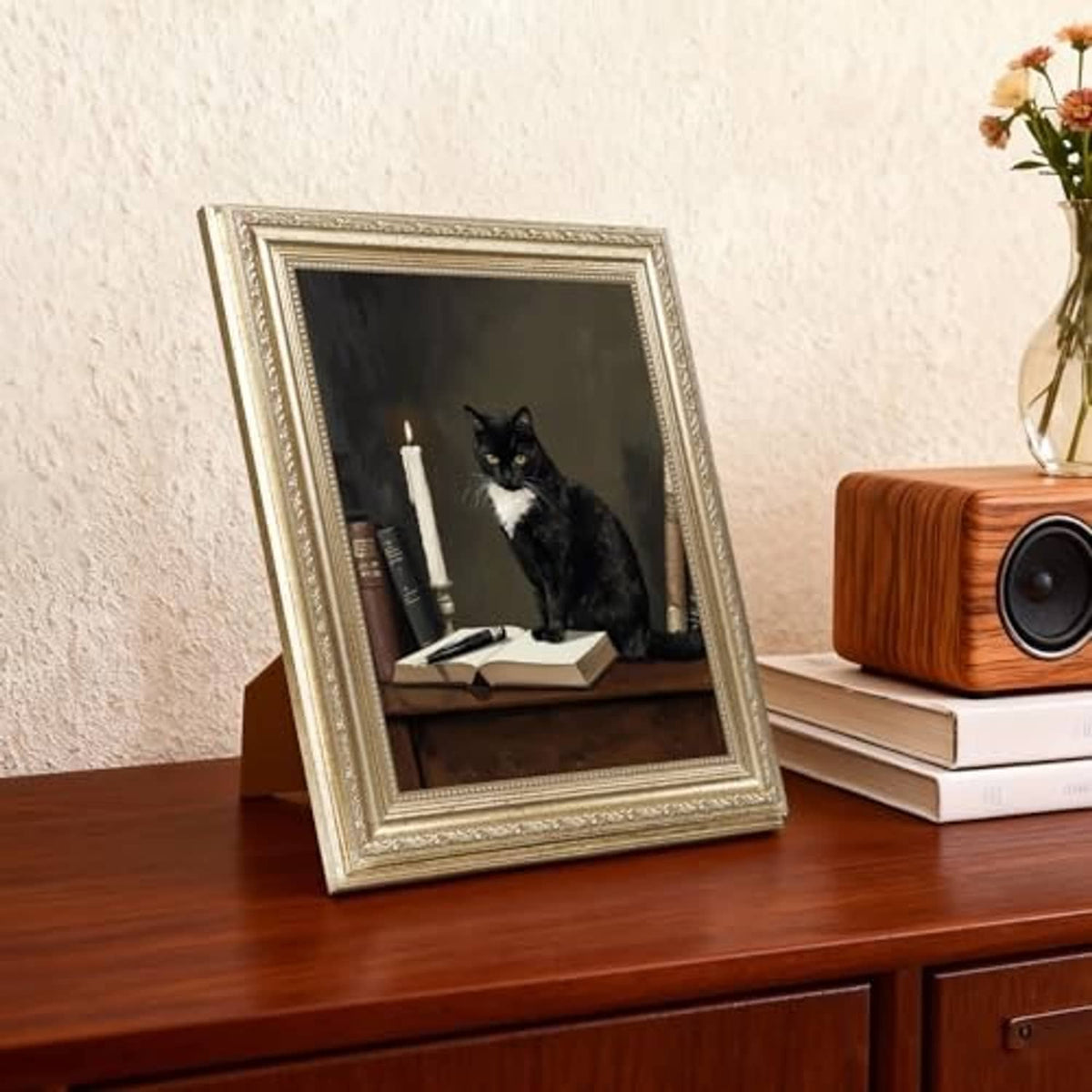Ornate distressed champagne-silver 8x10 picture frame with black-and-white cat photo