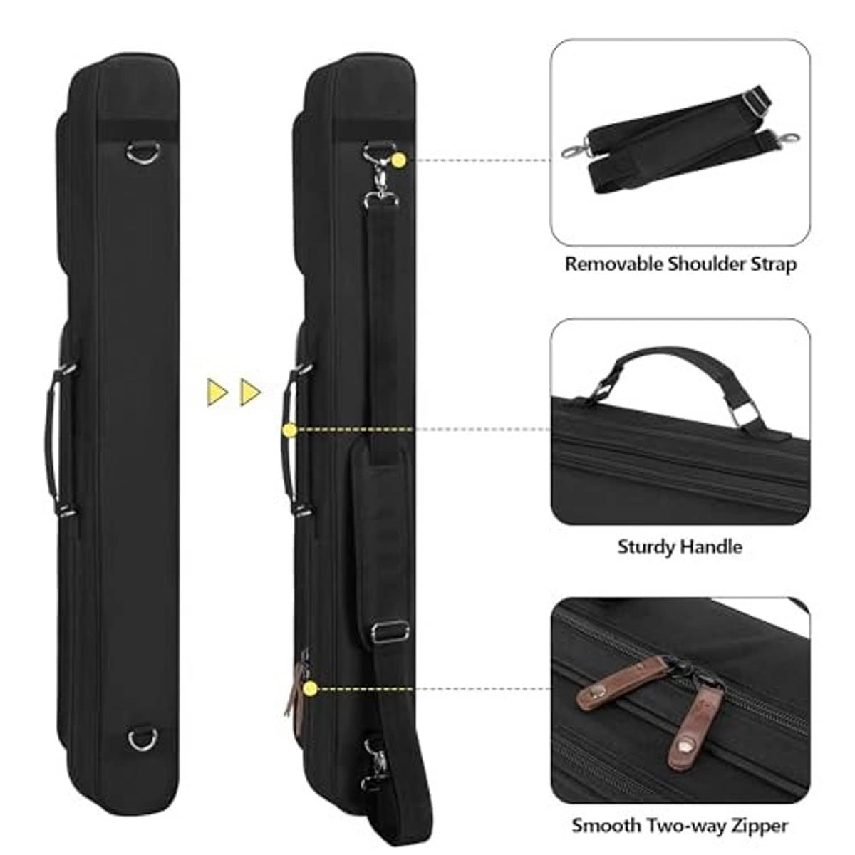 Black vertical pool cue case with removable shoulder strap, key ring, and smooth two-way zipper