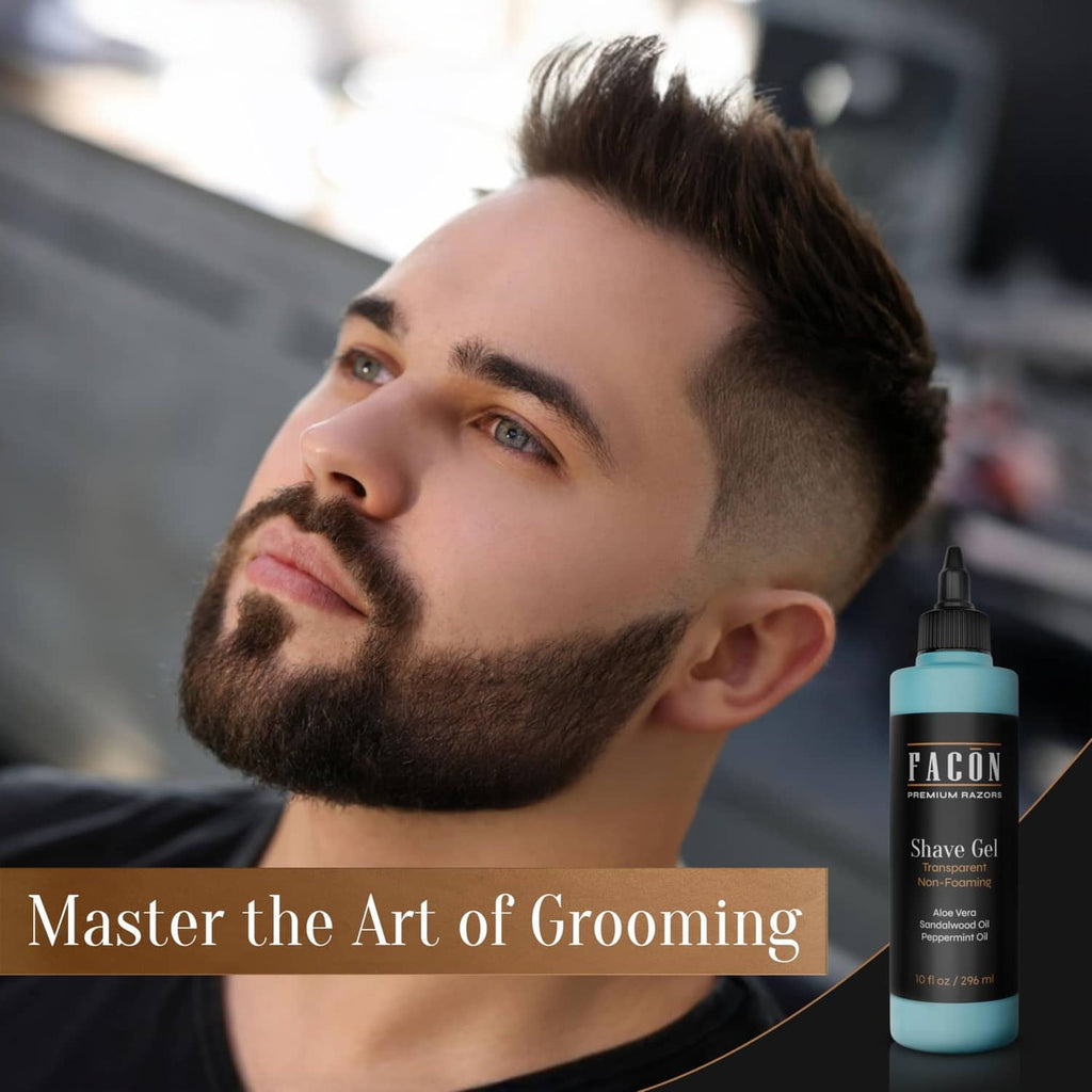 Shaving gel bottle next to a groomed man’s face and beard trimming setup.