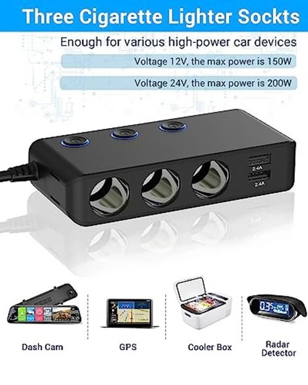 Three-socket car charger splitter with USB ports and blue LED indicators