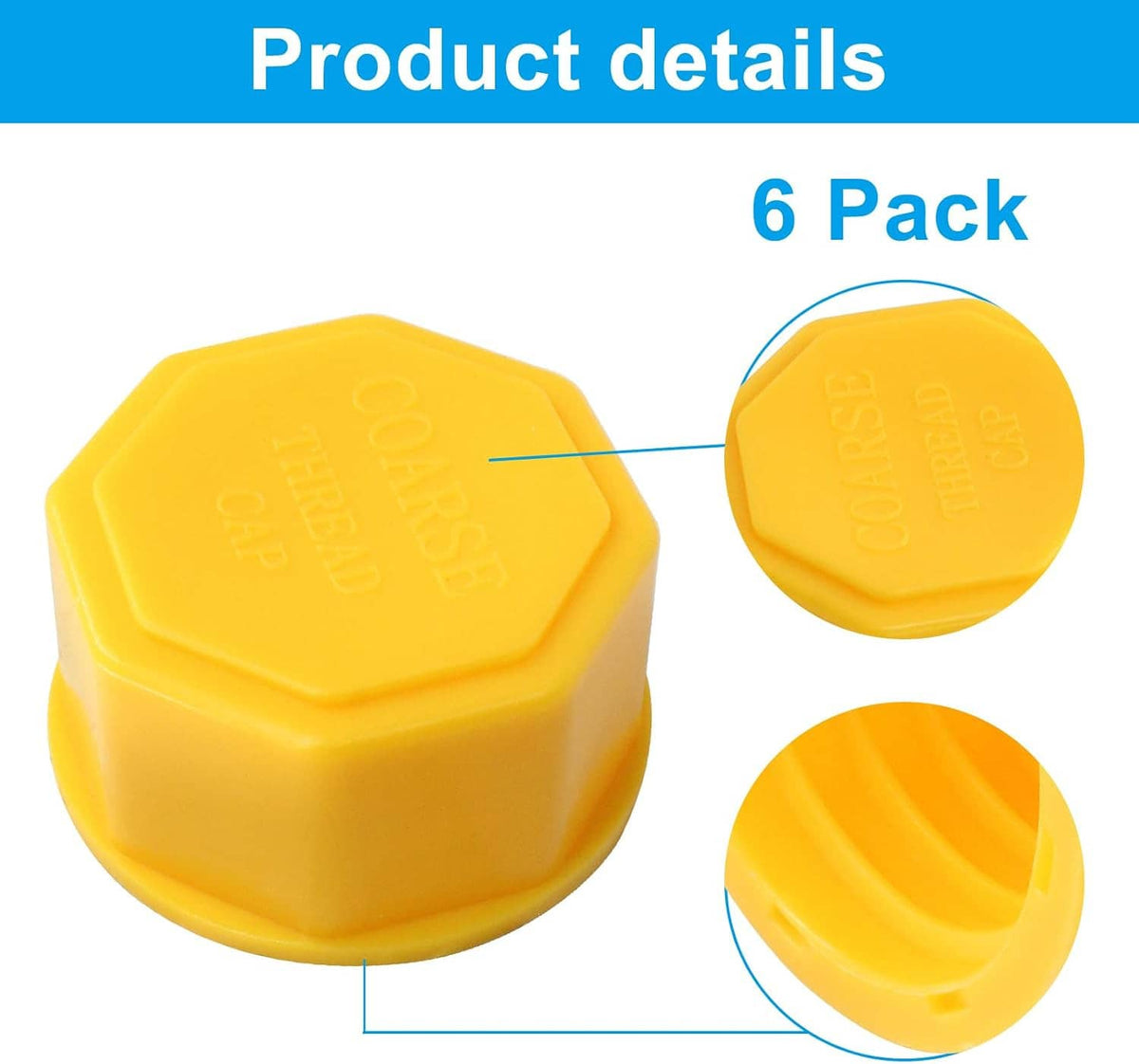 Yellow 6-pack gas can caps with coarse-thread tops and a visible black sealing ring