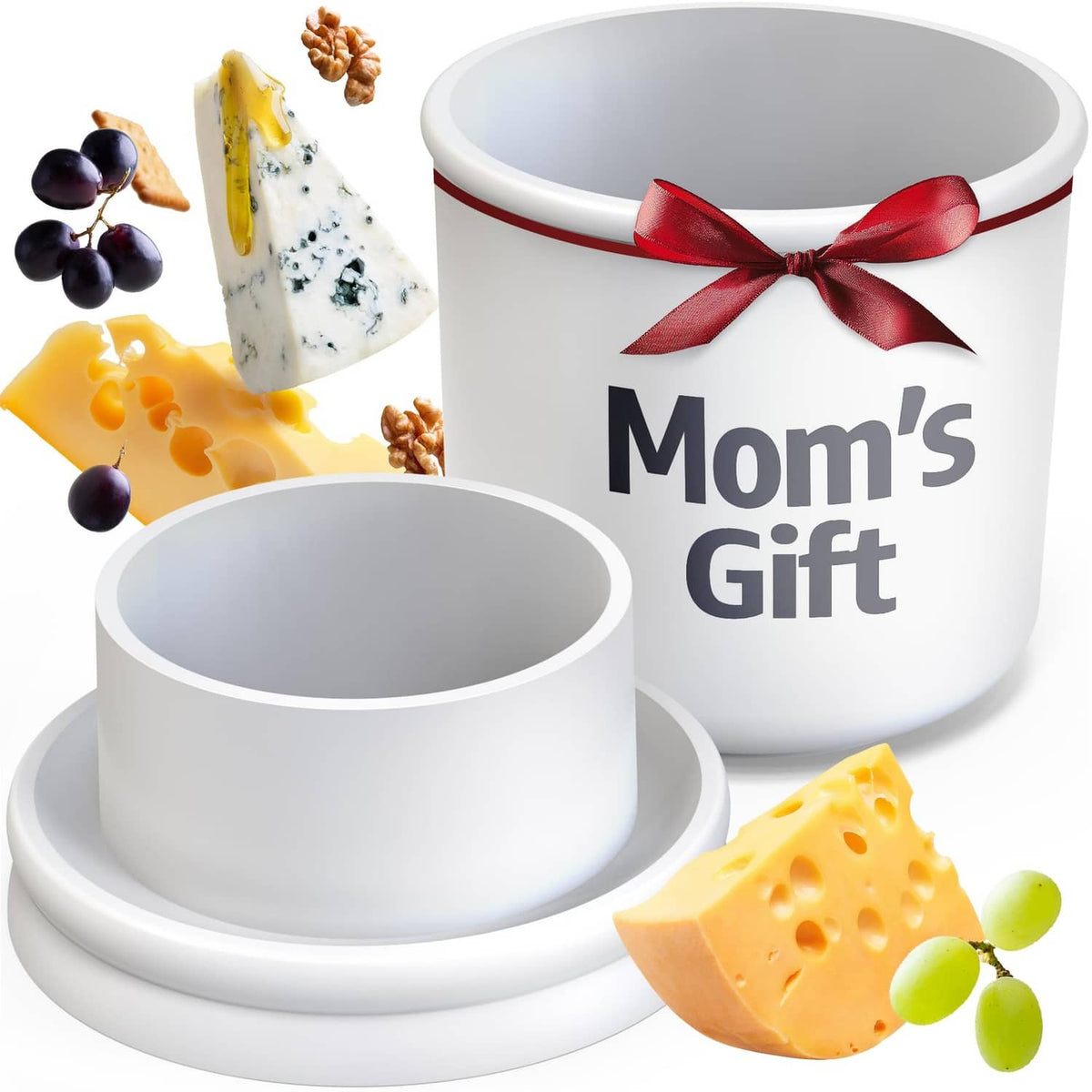 White cheese mold press with follower and base, shown with cheese wedges and ribbon