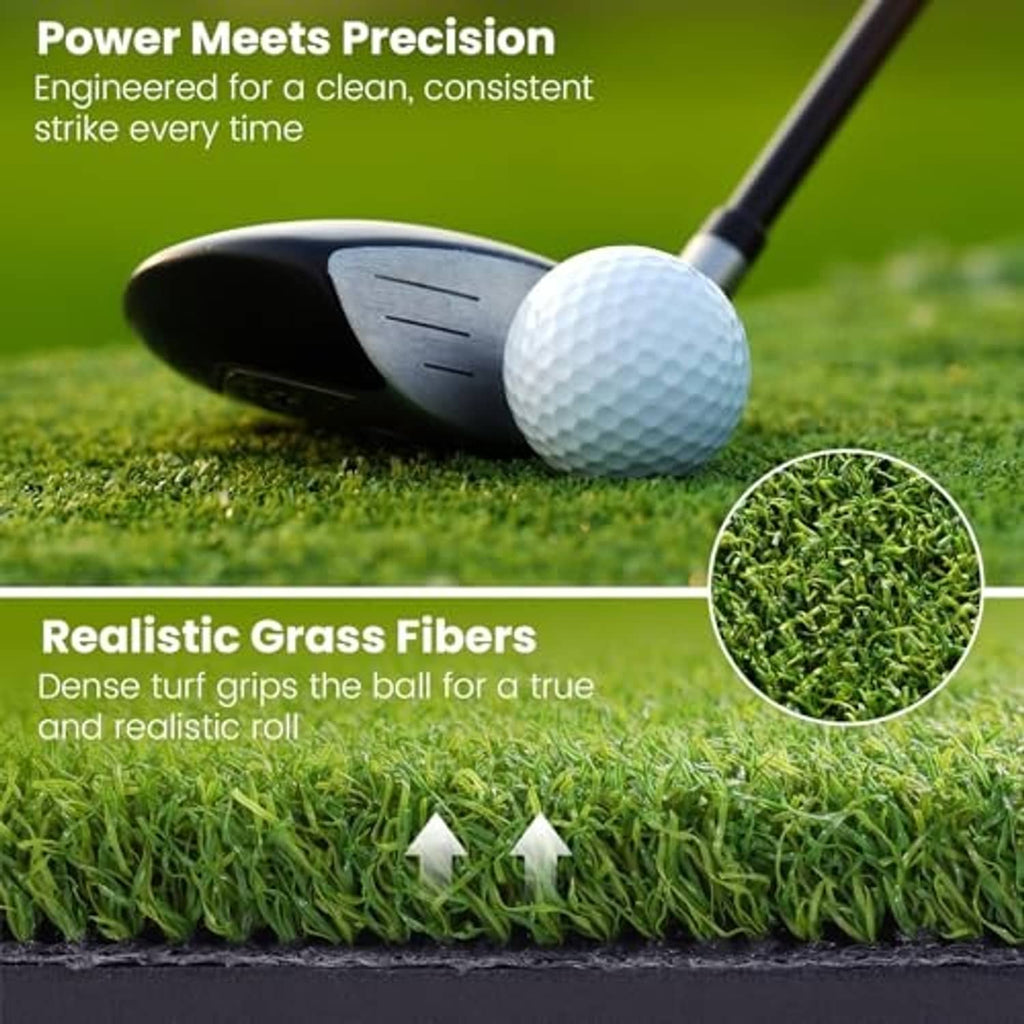 Golf ball resting on green synthetic grass fibers with realistic turf texture on mat.