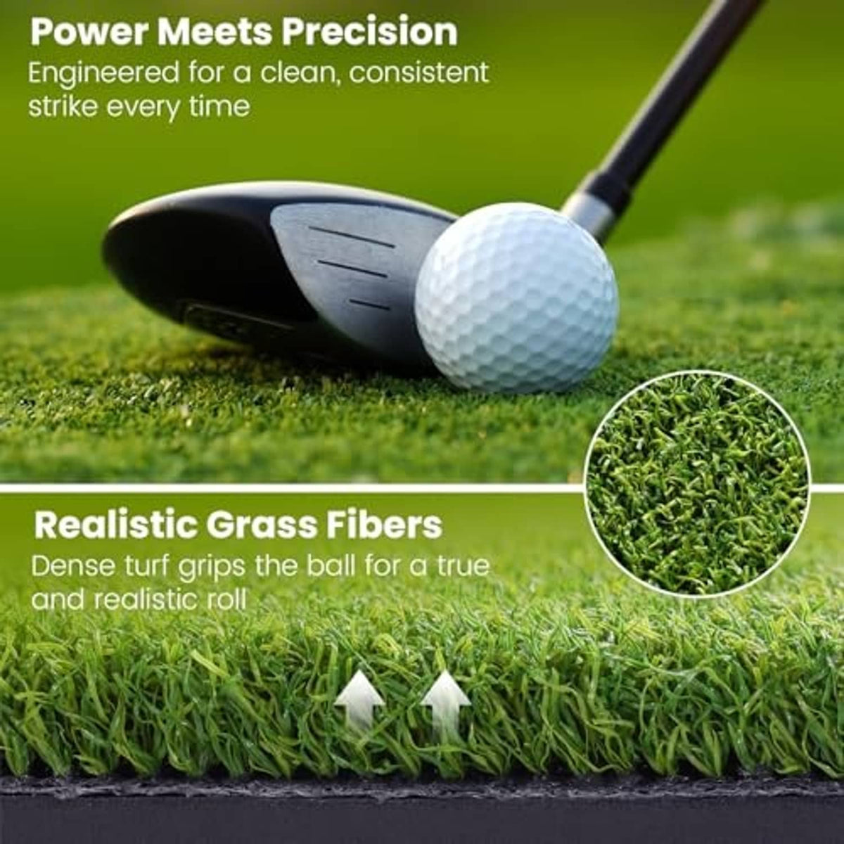Golf ball resting on green synthetic grass fibers with realistic turf texture on mat.