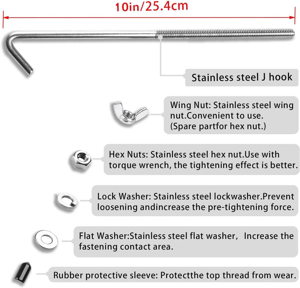 Set of stainless steel J-hook tie-down rods, wing nuts, washers, and protective sleeve