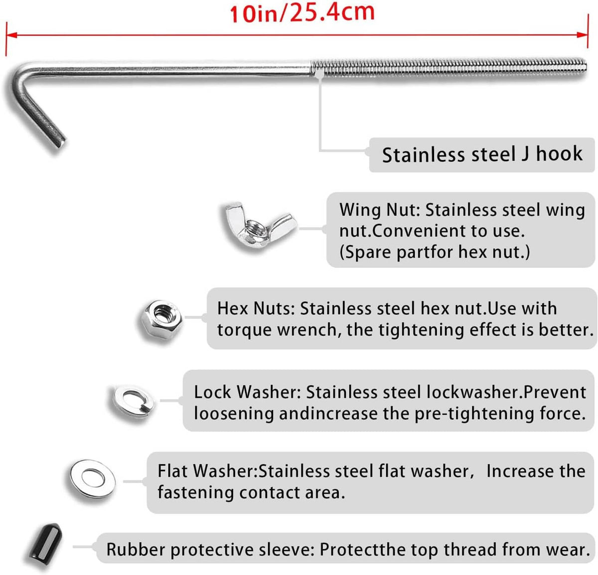 Set of stainless steel J-hook tie-down rods, wing nuts, washers, and protective sleeve