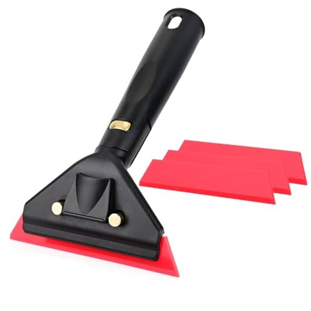 Black small window squeegee with red rubber blade and pivoting squeegee head